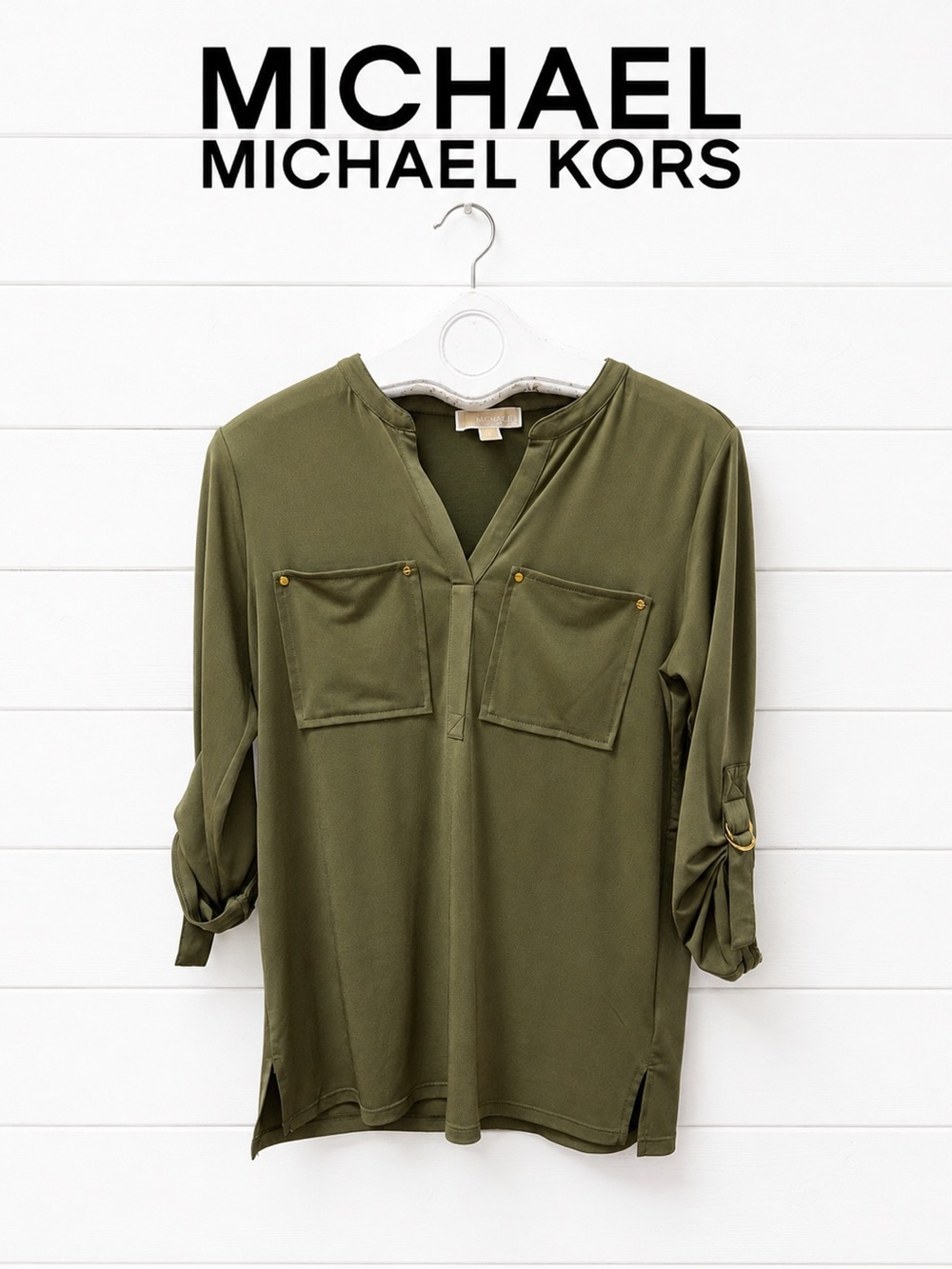 MICHAEL Michael Kors Olive Green Roll-Tab Utility Blouse Size S .